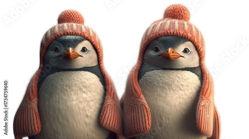 Two adorable penguins wearing matching knitted hats