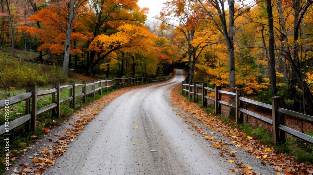 Naklejka premium Country road winding through autumn forest displaying colorful leaves