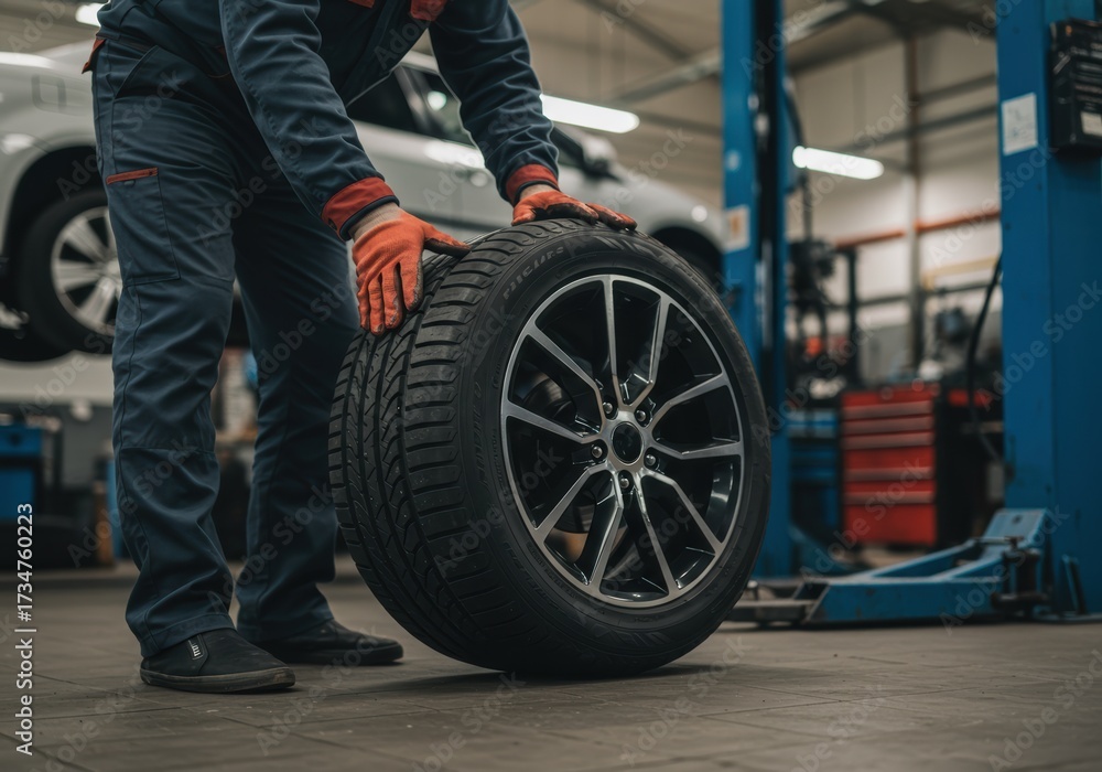 Fototapeta premium Mechanic preparing to change a tire in a car repair shop.