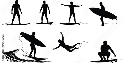 Surfing silhouettes vector set with surfers riding waves, standing poses, extreme sports actions, surfboards, beach lifestyle, summer adventure illustration
