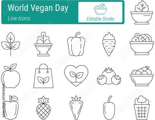 Vector art of World Vegan Day line icons. EPS-10.