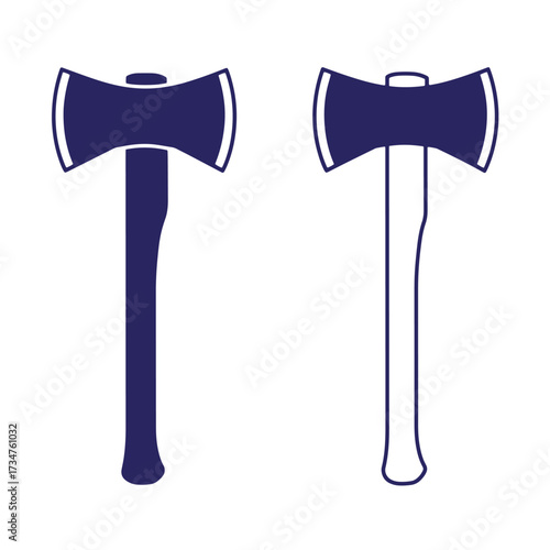 Two isolated axe vector illustrations showing blue silhouette and outline design