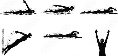 "Freestyle swimming stroke silhouette vector set showing athlete movements, diving, gliding, breathing, training, competition, fitness, sports, aquatic exercise illustration
