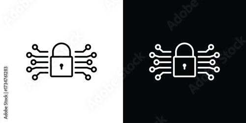 Cyber security icon in black and white linear versions