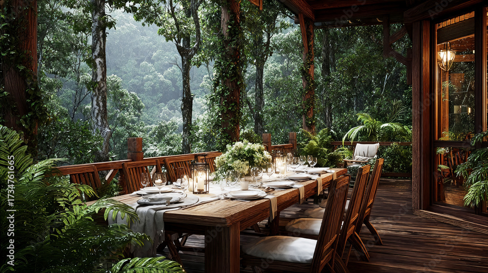 Fototapeta premium Elegant dinner table set on the deck of a luxurious cabin in a deep green rain forest
