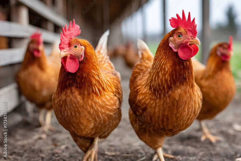 Fototapeta premium Brown hens walking inside a farm poultry barn