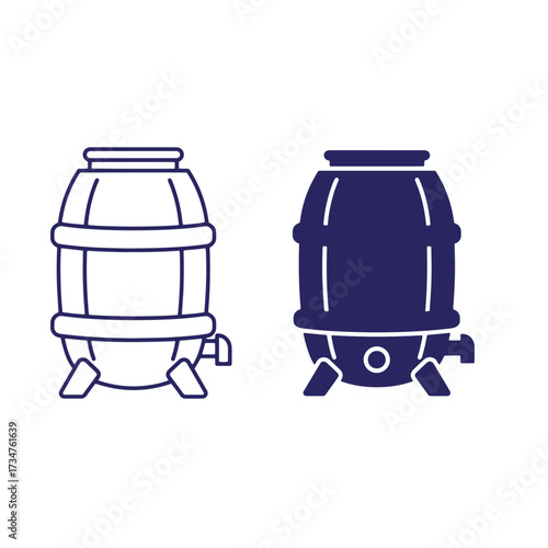 Two minimalist illustrations of a wine barrel in outline and filled dark blue style