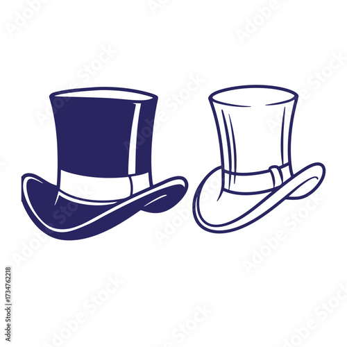 Two stylized illustrations of top hats in different design colorations on white background