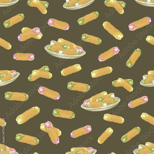 A delicious seamless vector pattern of hand-drawn cannoli. The design features the classic Italian pastries with different fillings on a textured dark background