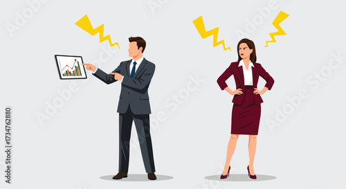 Man presenting a chart to a woman who looks angry, with yellow lightning bolts between them