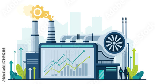 Industrial factory with a large screen displaying growth charts and upward arrows, symbolizing economic progress and industry development