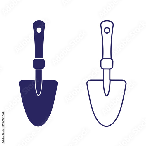 Vector illustration of garden trowel in solid and outline forms on white background