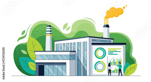Modern factory with green leaves and charts showing growth, representing ecofriendly industry and sustainable business practices