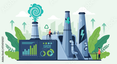 Industrial facility with smokestacks emitting clean energy, surrounded by greenery and upward arrows symbolizing progress and sustainability