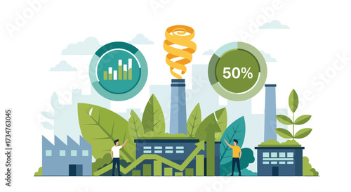 Industrial landscape with factories, smokestacks emitting energy, and green leaves symbolizing environmental sustainability