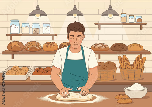 Baker kneading dough in a bakery surrounded by freshly baked bread, loaves, and ingredients like flour