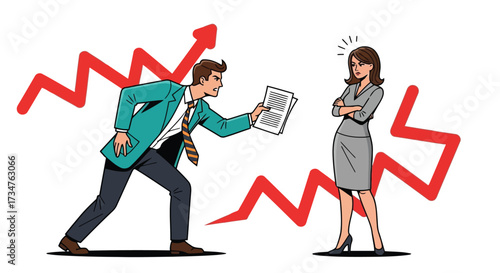 Angry businessman yelling at a businesswoman with red graph lines indicating financial loss and conflict in the workplace