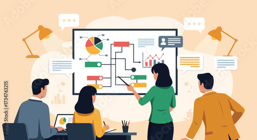 Business meeting presentation with a flowchart and charts on a large screen, people collaborating in a modern office