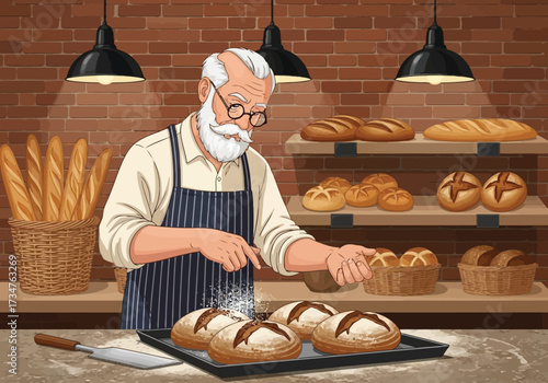An elderly baker with a white beard and glasses, wearing an apron, carefully sprinkles flour on freshly baked bread in a bakery