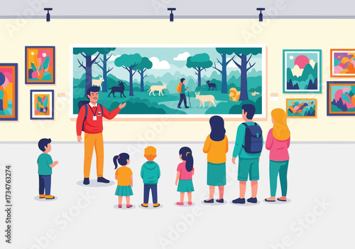 Tour guide explaining a painting to a group of children and adults in an art gallery exhibition