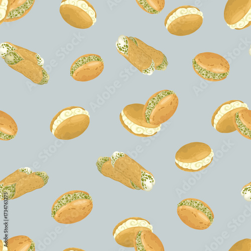 A delicious seamless vector pattern of hand-drawn Italian pastries and desserts. The design features maritocco and cannoli with different cream fillings on a textured light gray background