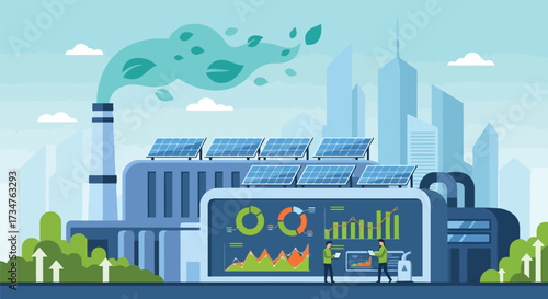 Modern factory with solar panels and a digital dashboard, representing green energy and industry