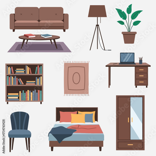 A versatile set of modern home furniture and interior decor elements. A flat style vector illustration collection for design