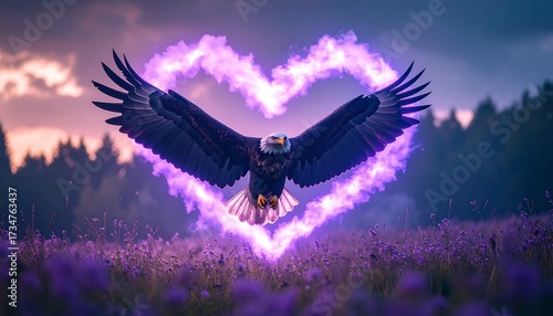 Soaring Eagle Inside a Glowing Heart Over Field