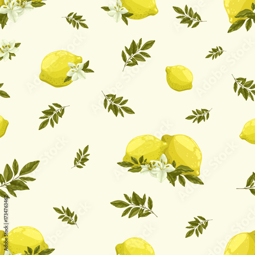 A delightful seamless vector pattern of hand-drawn lemons and blossoms. The design features ripe yellow lemons and delicate white flowers on a textured green background
