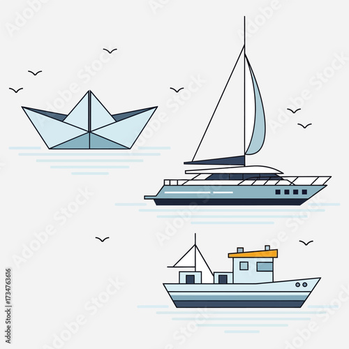 Set of various boats and paper boat on blue water background with birds