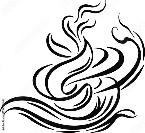 Black Bold outline with white background, Line art of coffee beans with steam rising in abstract style.
