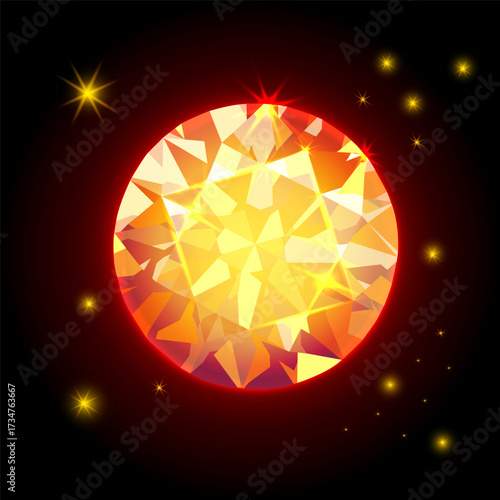 Glowing golden faceted precious stone with radiant light on dark background. Bright symbol of wealth, glamour and elegance, shining jewel for decoration and art