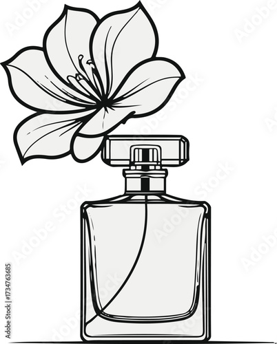 Black Bold outline with white background, Line art of perfume bottle with flower outline 1