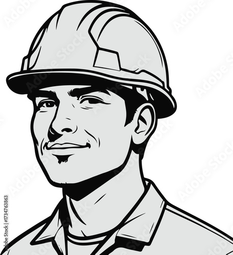 Black Bold outline with white background, Minimal outline art of a construction worker with helmet 1