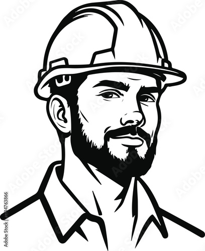 Black Bold outline with white background, Minimal outline art of a construction worker with helmet 2