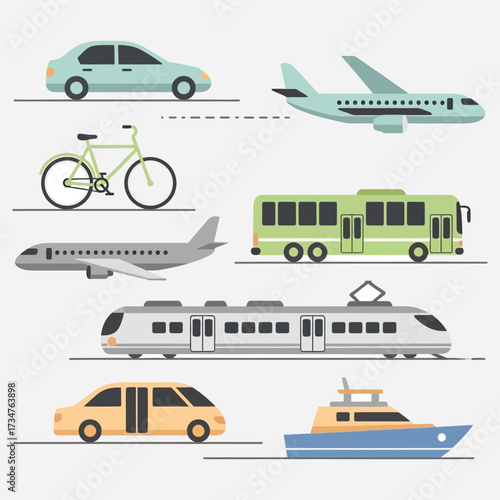 Comprehensive flat design vector set of various transportation methods for public and private travel