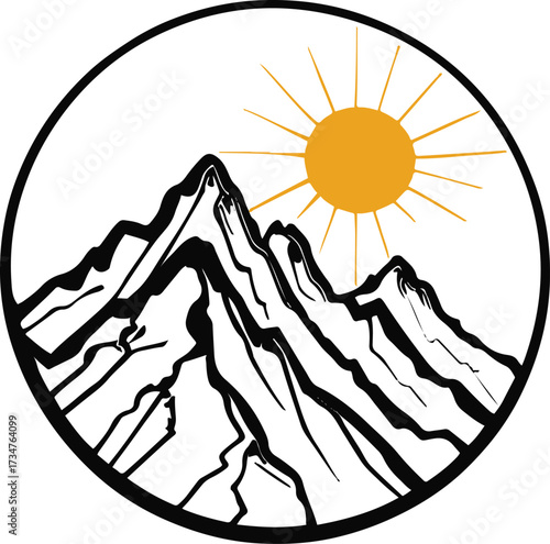 Black Bold outline with white background, Outline art of mountain with rising sun 2