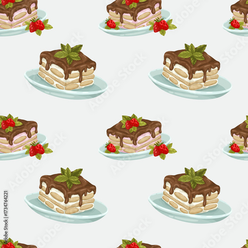 A delicious seamless vector pattern of hand-drawn tiramisu. The design features pieces of the classic Italian dessert on plates with strawberries 
