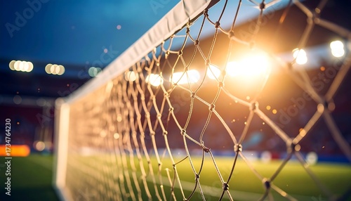 Soccer Goal Net with Dramatic Lighting and Stadium Background