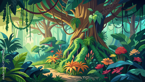 Lush jungle scene with ancient tree, vines, and tropical flowers on background, tropical jungle atmosphere, tree roots, climbing vines, exotic flowers, vibrant nature, mysterious beauty,