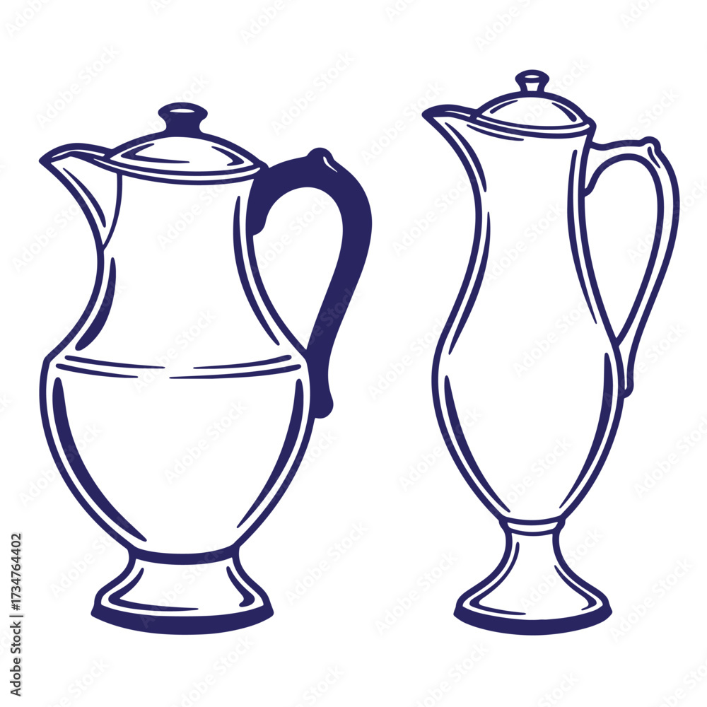 Obraz premium Vintage style illustration of two elegant pitchers outlined in blue against a white background