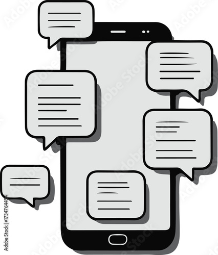 Black thick outline with white background, Minimal line art of smartphone with chat bubbles 2