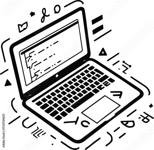 Black thick outline with white background, Outline of laptop with coding symbols 2