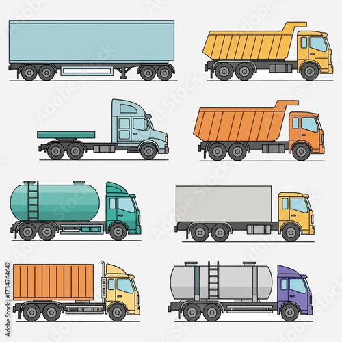 A flat design vector icon set featuring various types of commercial trucks used for transport and logistics