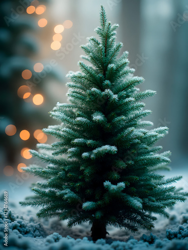 A beautifully snow-covered Christmas tree stands gracefully, illuminated by soft bokeh lights.