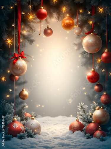 Christmas ornaments with twinkling lights and snow create a warm holiday scene.