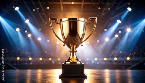 Golden Trophy on Stage with Spotlights and Audience