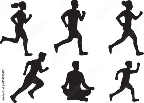 People Running and Meditating Fitness Silhouettes.