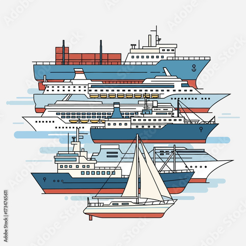 Diverse Array of Watercraft Cargo Ships, Ferries, and Sailboats