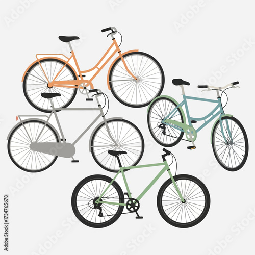 Diverse collection of modern and classic bicycles for urban commuting, sports, and leisure activities, presented as a clean vector illustration set